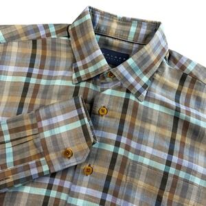 Calder Carmel Mens Blue Brown Plaid Cotton Long Sleeve Button Down Shirt Size M